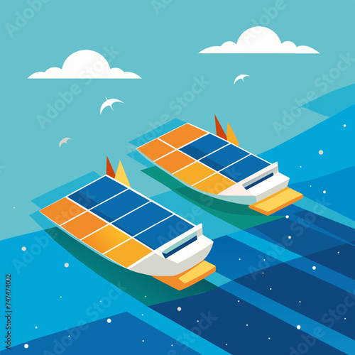 Solar-powered boats gliding across shimmering waters. vektor illustation