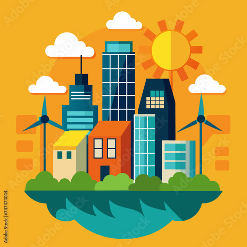 A city skyline transitioning from traditional to solar-powered buildings. vektor illustation