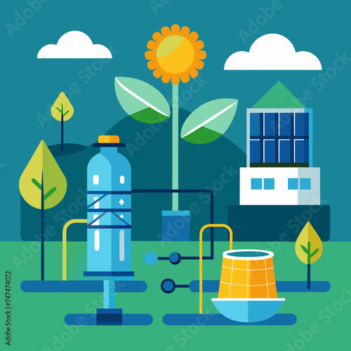 Solar-powered desalination plants providing clean water. vektor illustation