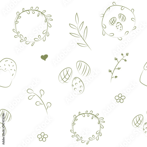 Vector illustration. Cute hand drawn seamless pattern. Festive background with Easter linear symbols. Design of postcards, banners, wrapping, textiles, wallpapers and other promotional products.