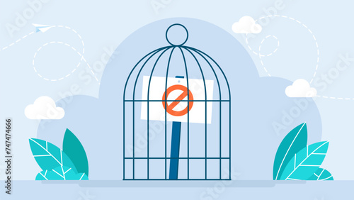 Banner in a bird cage. Concept of prohibition, ban, restriction of freedom of speech, protest, discrimination. Protesting and asserting rights. Arrest, punishment concept. Vector illustration photo
