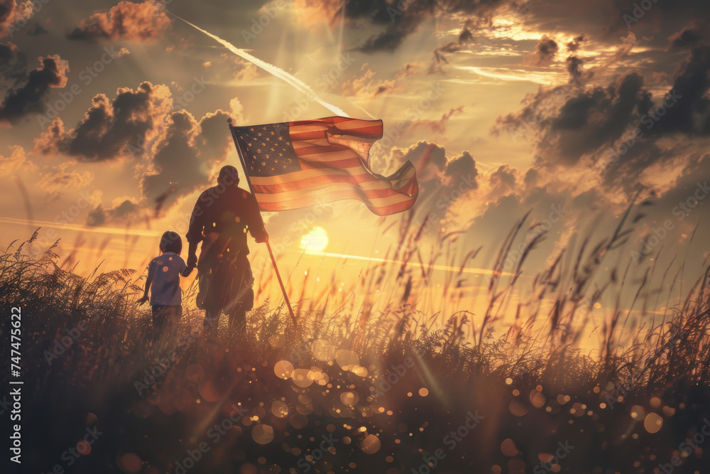 A family walks together, a child waves the US flag in Memorial Day - obrazy, fototapety, plakaty 