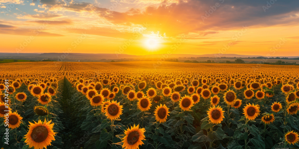 A field of sunflowers against the background of the evening sky.
