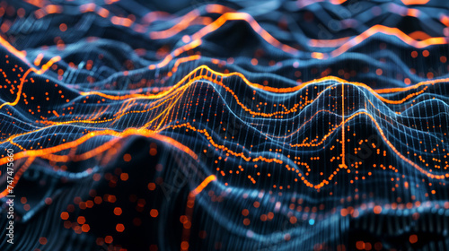 Lignes orange abstraites formant un paysage virtuel dans un concept de technologie Ai. Communication et flux de données dans un espace virtuel  photo