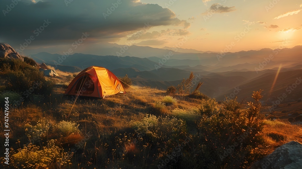 Tent on Mountains during Sunset in the Style of Tilt-Shift Lenses