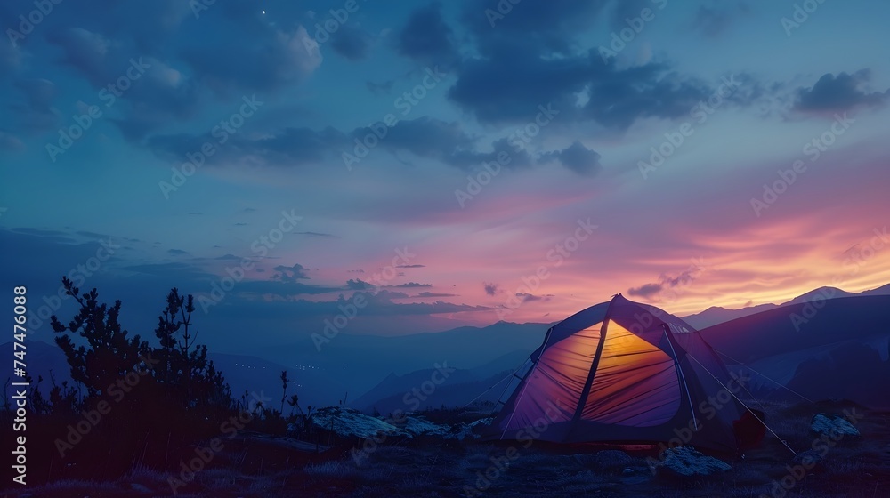 Tent at Sunset on Mountain Peak with Cool Tones