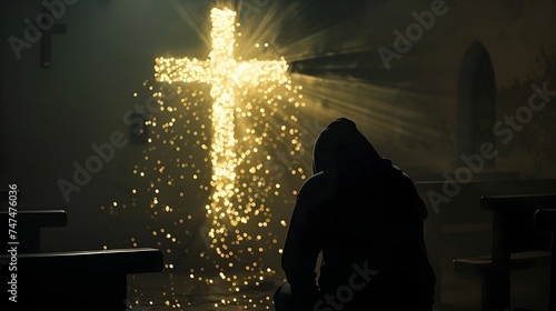 Person in Church with Light Shining around Cross