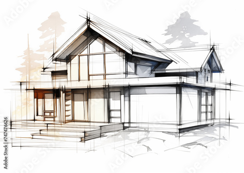 home design sketch plan, real estate concept drawing, architectes house building, mortgage credit - advertising asset illustration