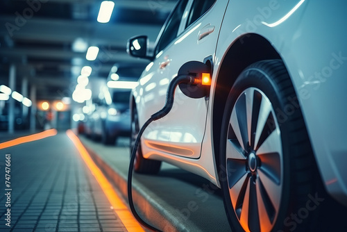 Wallpaper Mural Charging station for electric vehicles in the parking lot of a residential building. An electric car is connected to electricity. Torontodigital.ca