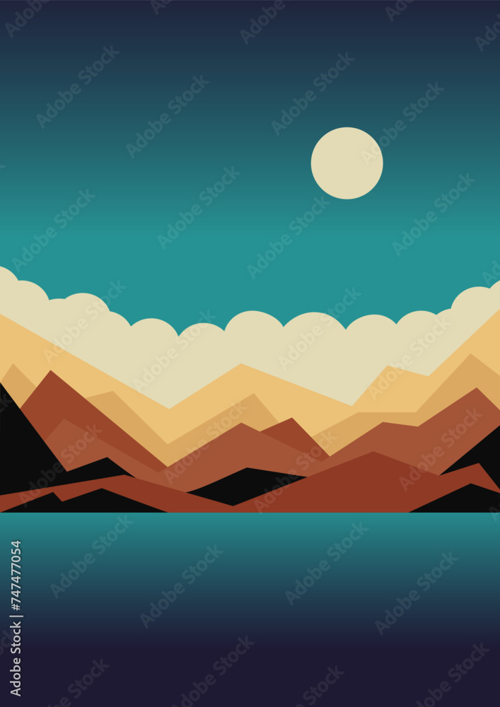Seaside and mountains landscape illustration poster. Dusk panorama near lake.