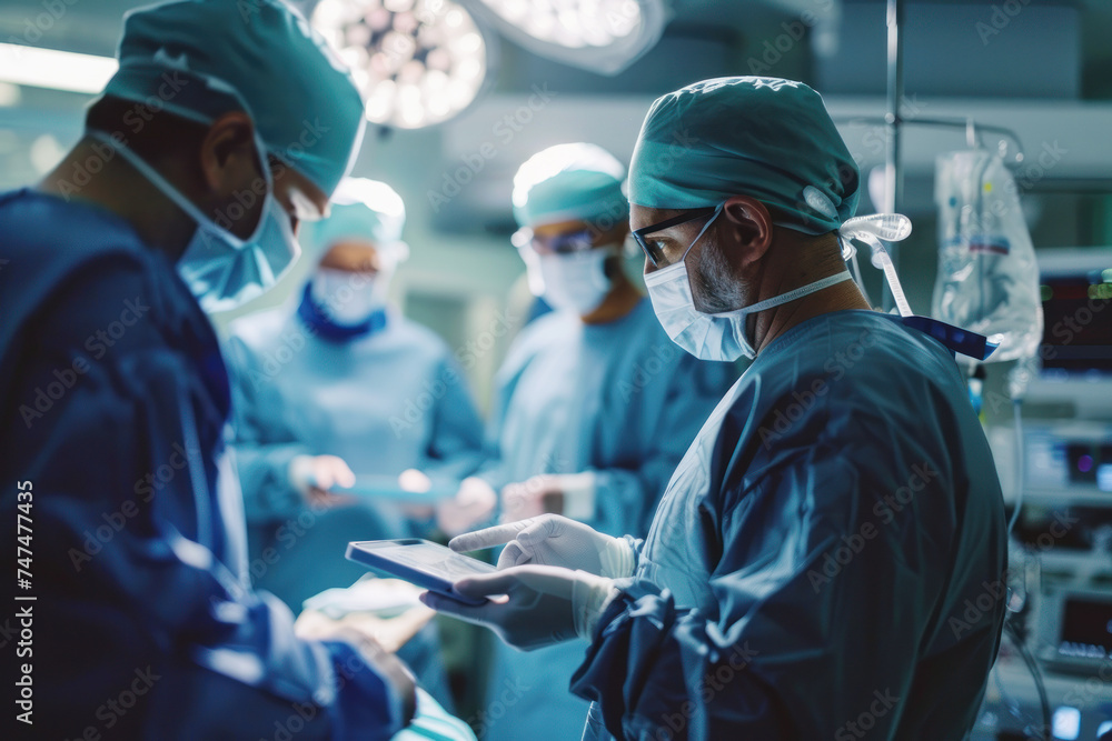 Surgeon reading a tablet in the operating room with focused team in background Surgeon reading a tablet in the operating room with focused team in background