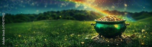 Pot of Gold, Mythical Cauldron at Rainbow's End, Luck Symbol, St. Patrick's Day Celebration, Fantasy Wealth Concept. Website Header with Copy Space. Generative AI photo
