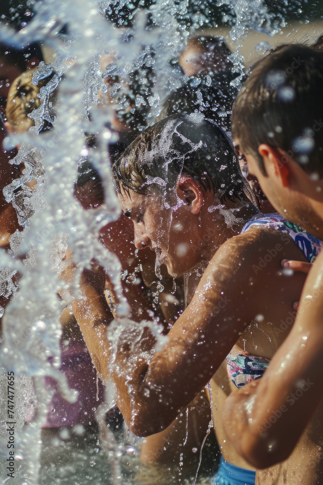 Fototapeta premium Crowds of people refresh themselves in the fountain's jets on a hot summer day in the city.