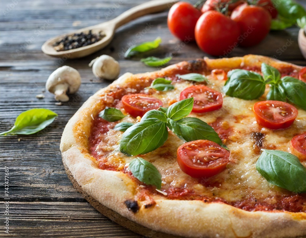 Pizza mit , Tomaten und Basilikum 