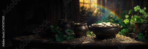 Gold-Filled Cauldron in Authentic Irish Pub Setting, St. Patrick's Day Celebration, Symbol of Luck and Prosperity, Traditional Charm. Website Header with Copy Space. Generative AI