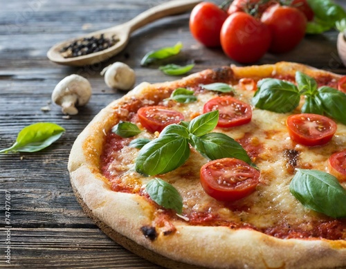 Pizza mit , Tomaten und Basilikum 