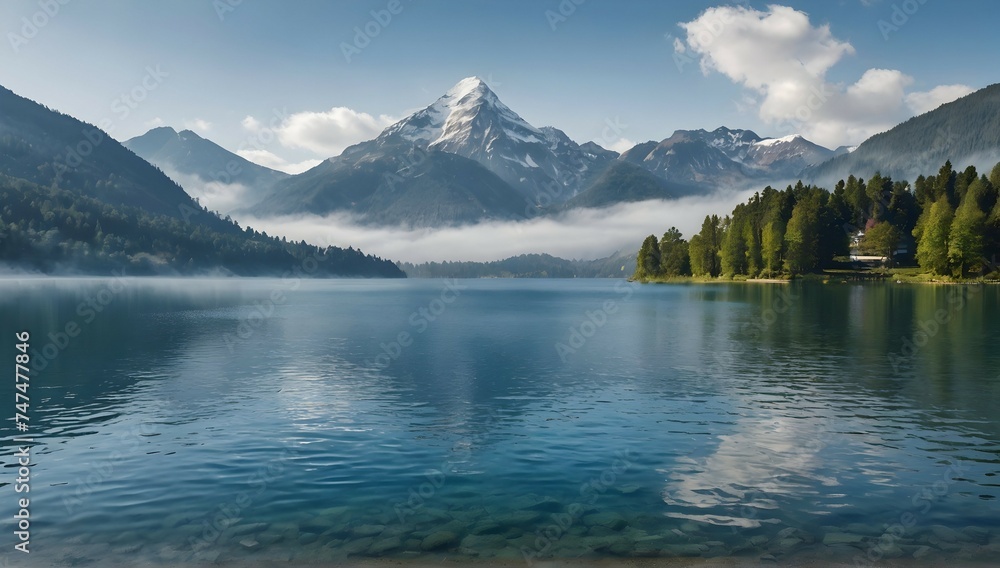Idyllic blue lake with the misty mountain