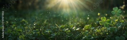 Sunny Clover Meadow, Vibrant Green Irish Landscape, Tranquil Nature Scene, Idyllic Spring, Saint Patrick's Day Website Header with Copy Space. Generative AI