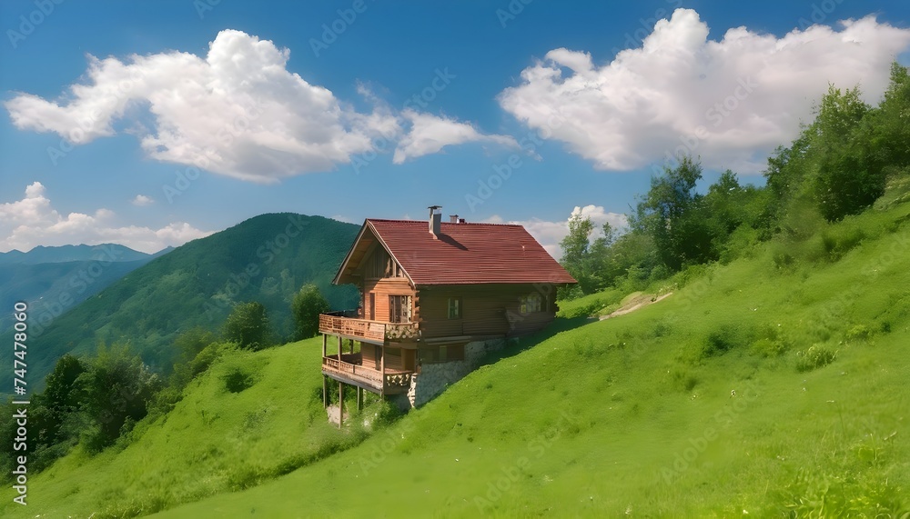 Wooden house in the green mountains with blue sky and clouds