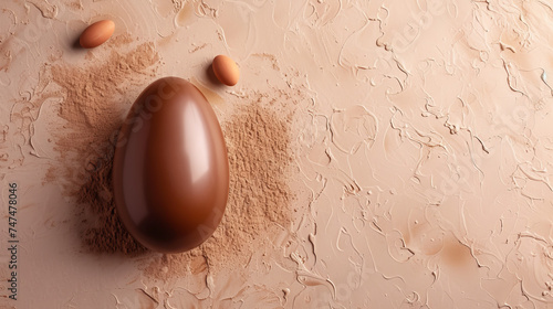 A sumptuous chocolate egg adorned with cocoa powder on a creamy textured backdrop, rich in detail photo