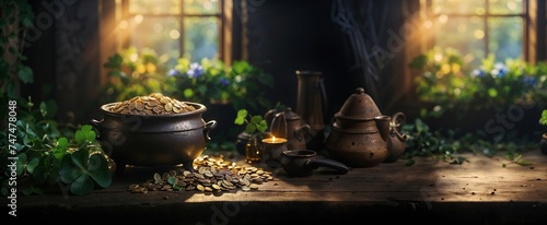 Traditional Irish Hut with Cauldron Full of Gold, Folklore Setting, Wealth Symbol, Leprechaun legend, Website Header with Copy Space. Generative AI