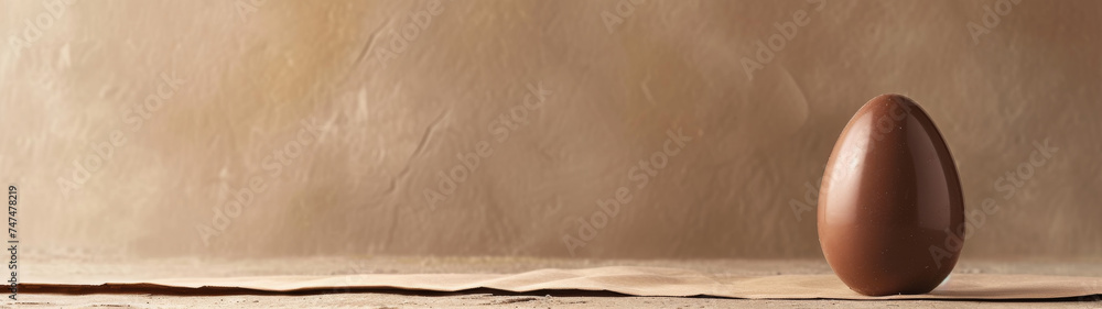A single chocolate egg stands vertically on a coarse sandy surface, delivering a sense of stability and uniqueness A single chocolate egg stands vertically on a coarse sandy surface, delivering a sense of stability and uniqueness