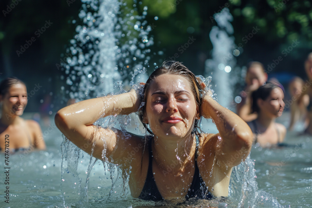 Obraz premium Adults bathe in a fountain on a very hot summer day.