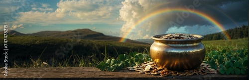 Pot of gold at end of rainbow, fantasy treasure, mythical wealth concept, luck symbol, St. Patrick's Day, leprechaun legend. Website header with copy space. Generative AI