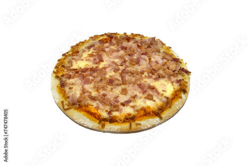 Pizza is a dish made with a flat, usually circular dough, made with wheat flour, yeast, water and salt, which is traditionally covered with tomato sauce and mozzarella. Isolated on a white background.
