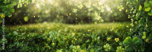 Sunny Clover Meadow, Vibrant Green Irish Landscape, Tranquil Nature Scene, Idyllic Spring, Saint Patrick's Day Website Header with Copy Space. Generative AI