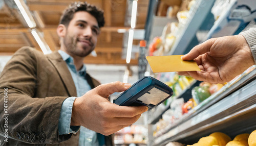 Close up na mão de um homem segurando uma máquina de passar cartão e detalhe de mão segurando um cartão de crédito em um supermercado. photo