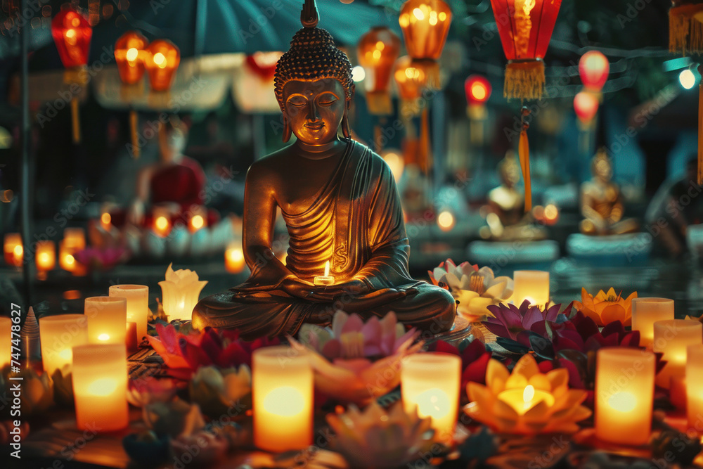 Vesak day concept. Buddha statue surrounded by burning candles
