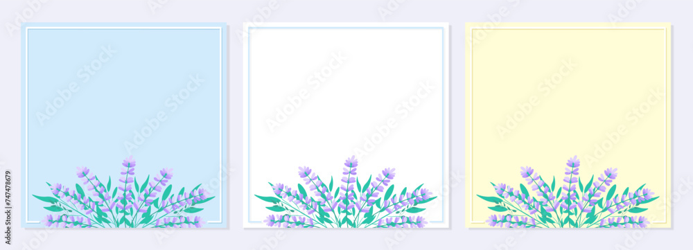 Set of banners with flowers and leaves. Lavender flowers. Invitation, greeting card, template, poster, background. Elegant herbal vector illustration.