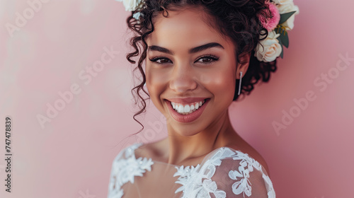 portrait of a columbian bride, pink background, smiling photo