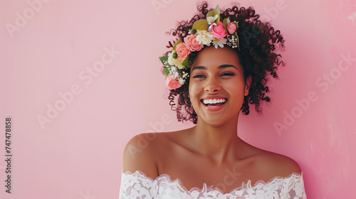 portrait of a columbian bride, pink background, smiling photo