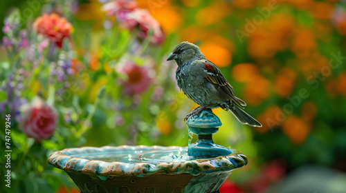colorful backyard scene: garden bird enjoying birdbath in vibrant natural setting photo