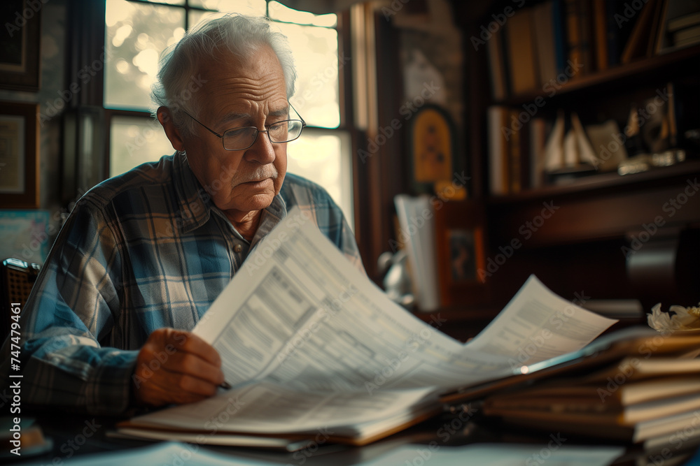 Senior man counting savings and doing paperwork at home Senior man counting savings and doing paperwork at home
