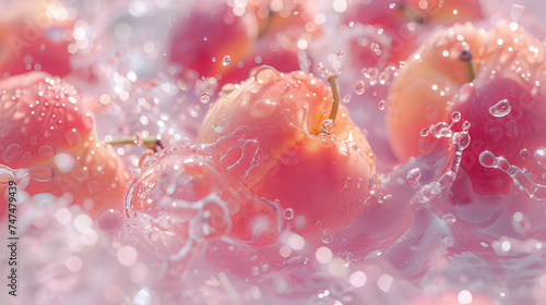 A vibrant image showing fresh peaches surrounded by splashing water, conveying freshness and vitality