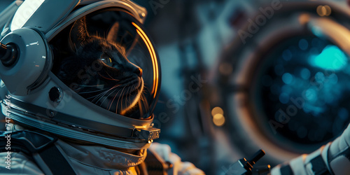 Tabby cat in astronaut helmet and suit against spaceship interior background. Space exploration and pet concept. Banner with copy space for Cosmonautics Day event.  photo