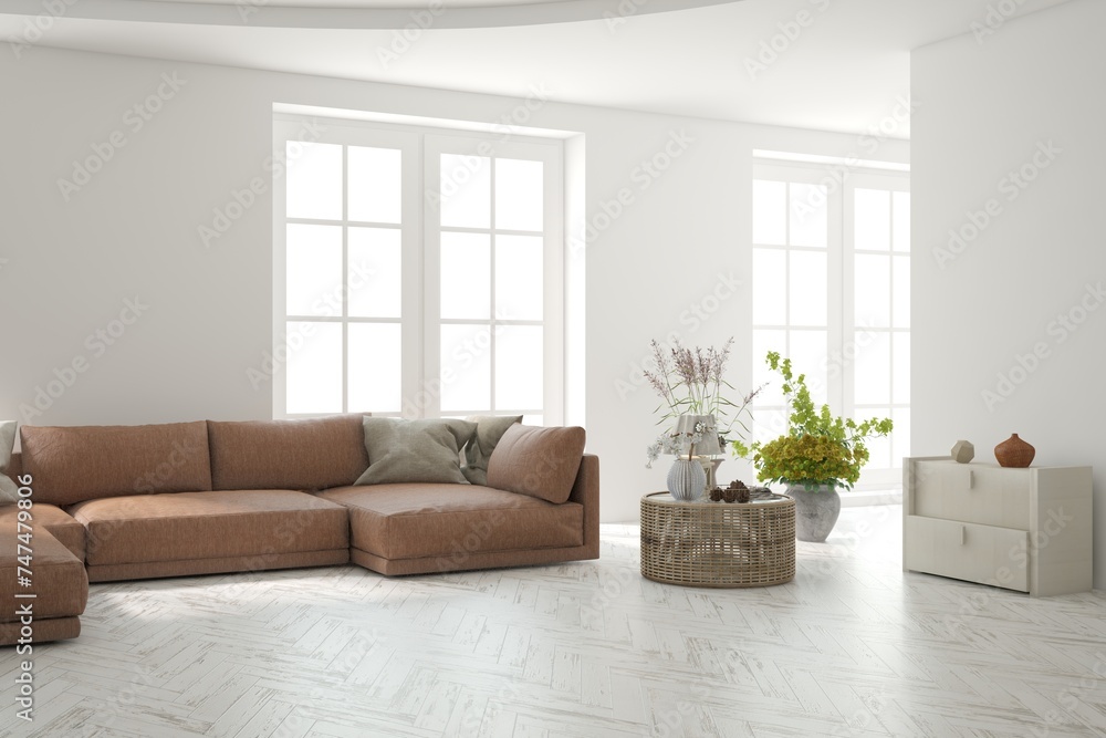 White scandinavian interior design with sofa. 3D illustration White scandinavian interior design with sofa. 3D illustration