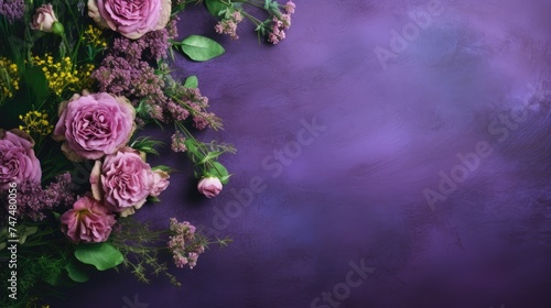 Beautiful delicate purple flowers on a purple background. Abstract layout of a colored frame with space for text. An invitation to a wedding. The concept of International Women's Day, Mother's Day. © Cherkasova Alie