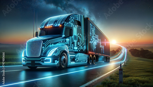 A high-tech semi-truck adorned with glowing circuit patterns speeds down a highway at twilight, representing the future of transportation, AI-generated. photo
