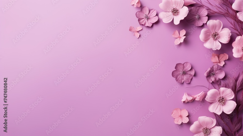 Beautiful delicate purple flowers on a purple background. Abstract layout of a colored frame with space for text. An invitation to a wedding. The concept of International Women's Day, Mother's Day. Beautiful delicate purple flowers on a purple background. Abstract layout of a colored frame with space for text. An invitation to a wedding. The concept of International Women's Day, Mother's Day.