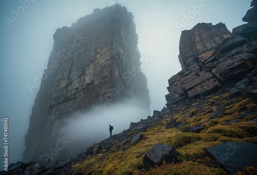 Lost in the whispers of the fog, the lone figure stands tall on the rocky mountain peak, a silent sentinel of the wild unknown