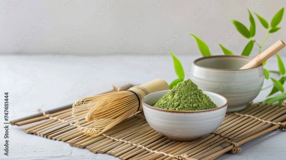 Zen and the Art of Matcha. Traditional Japanese Tea Set with Whisk, Bowl, and Vibrant Green Powder on Bamboo Mat. Fine Green Tea Powder in Ceramic Bowl with Bamboo Whisk. Zen and the Art of Matcha. Traditional Japanese Tea Set with Whisk, Bowl, and Vibrant Green Powder on Bamboo Mat. Fine Green Tea Powder in Ceramic Bowl with Bamboo Whisk.