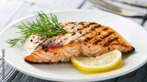 Grilled to Perfection. Juicy Salmon Fillet with a Touch of Dill and Lemon. Simple Elegance. Succulent Grilled Salmon with Fresh Dill and a Slice of Lemon.