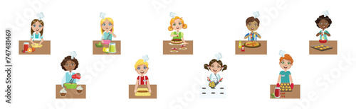 Children Chef in Uniform Cooking and Preparing Food Vector Set