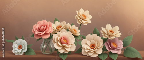 bouquet of flowers and flower vase on wooden background