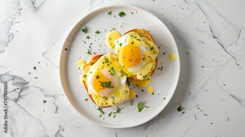 Classic Eggs Benedict on a Round Plate, Poached Eggs Draped in Velvety Hollandaise Sauce, Garnished with Fresh Herbs. Poached Eggs on Toast with Luscious Hollandaise Sauce and a Sprinkle of Greenery.