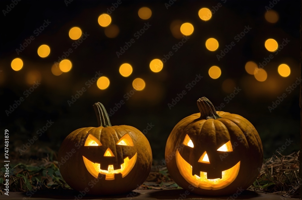 Fototapeta premium Dos calabazas naranjas de hallowen sonrientes encendidas sobre el pasto en la noche al fondo luces con efecto bokeh. Linternas de calabaza, imagen con espacio para copiar